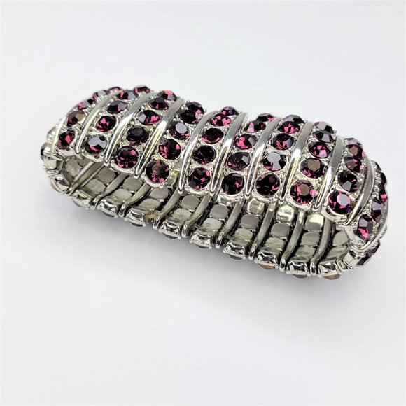 Purple Sparkle Rhinestones Stretch Wide Bracelet - Picture 6 of 8